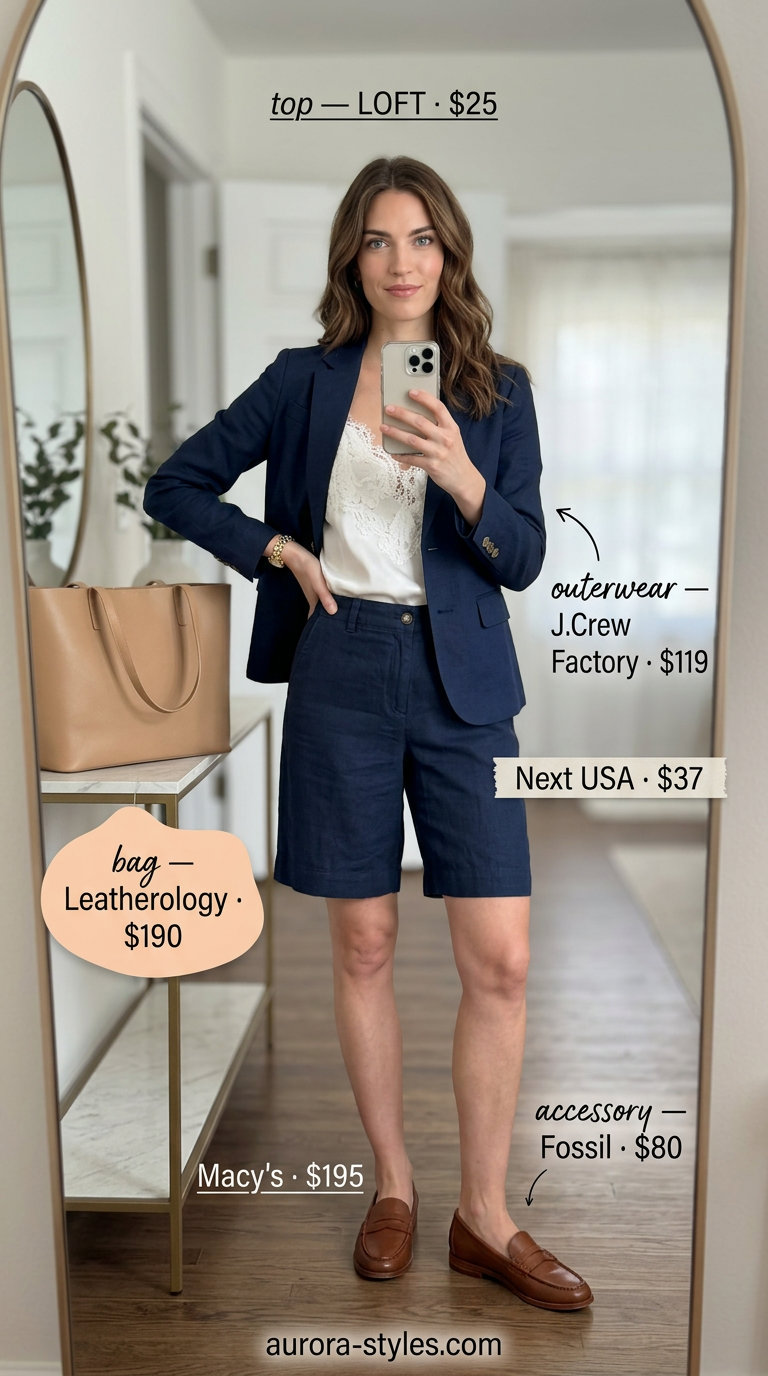 Summer outfits for women with hourglass shape 2026: Navy linen shorts & blazer with white cami, loafers, and gold watch.