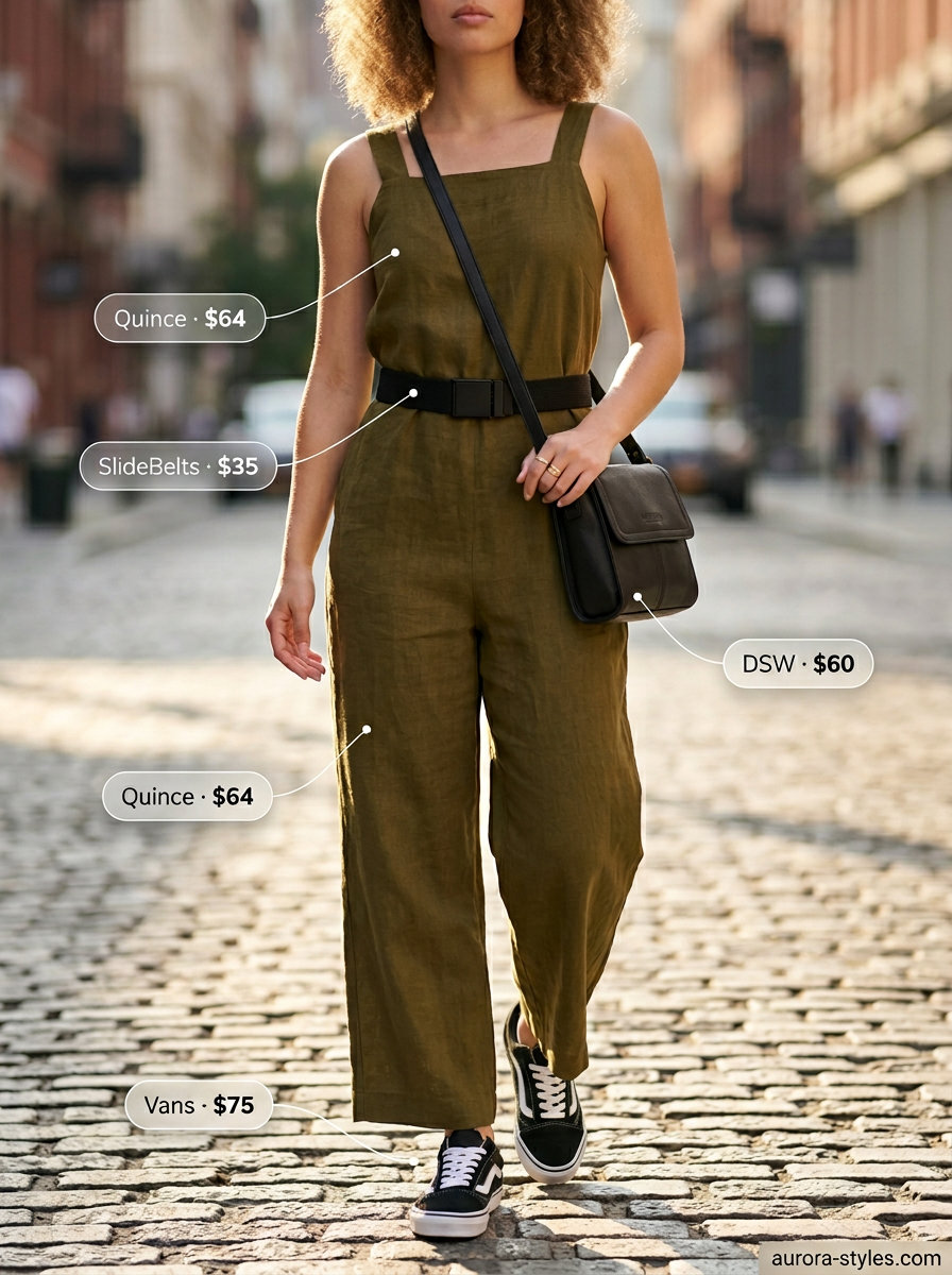 Summer outfits for women with hourglass shape 2026: Olive green utility jumpsuit with black belt, crossbody bag, and sneakers.