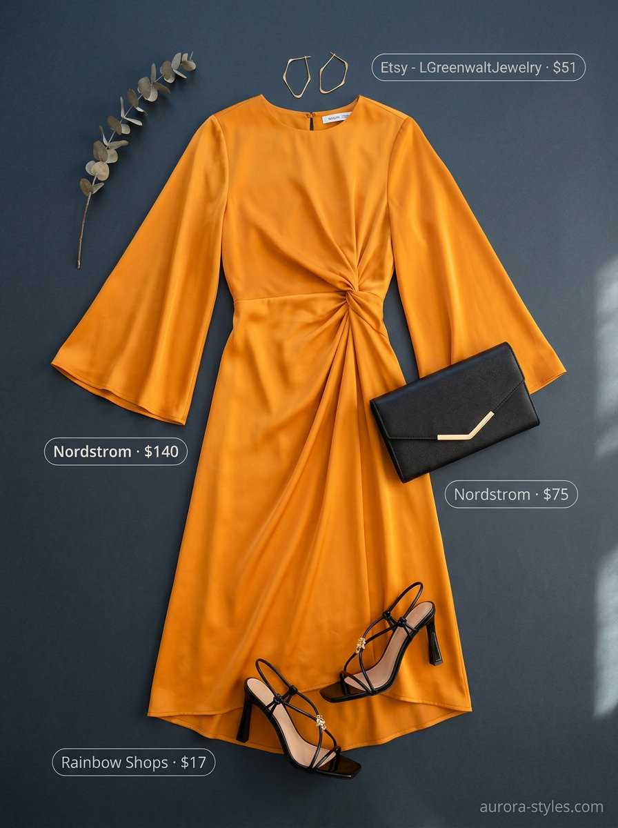 Summer outfits for women with hourglass shape 2026: Mango orange wrap dress with gold earrings, black heels, and clutch.