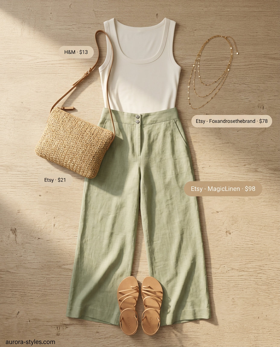 Summer outfits for women with hourglass shape 2026: Sage green linen pants with cream tank, flat sandals, and straw bag.