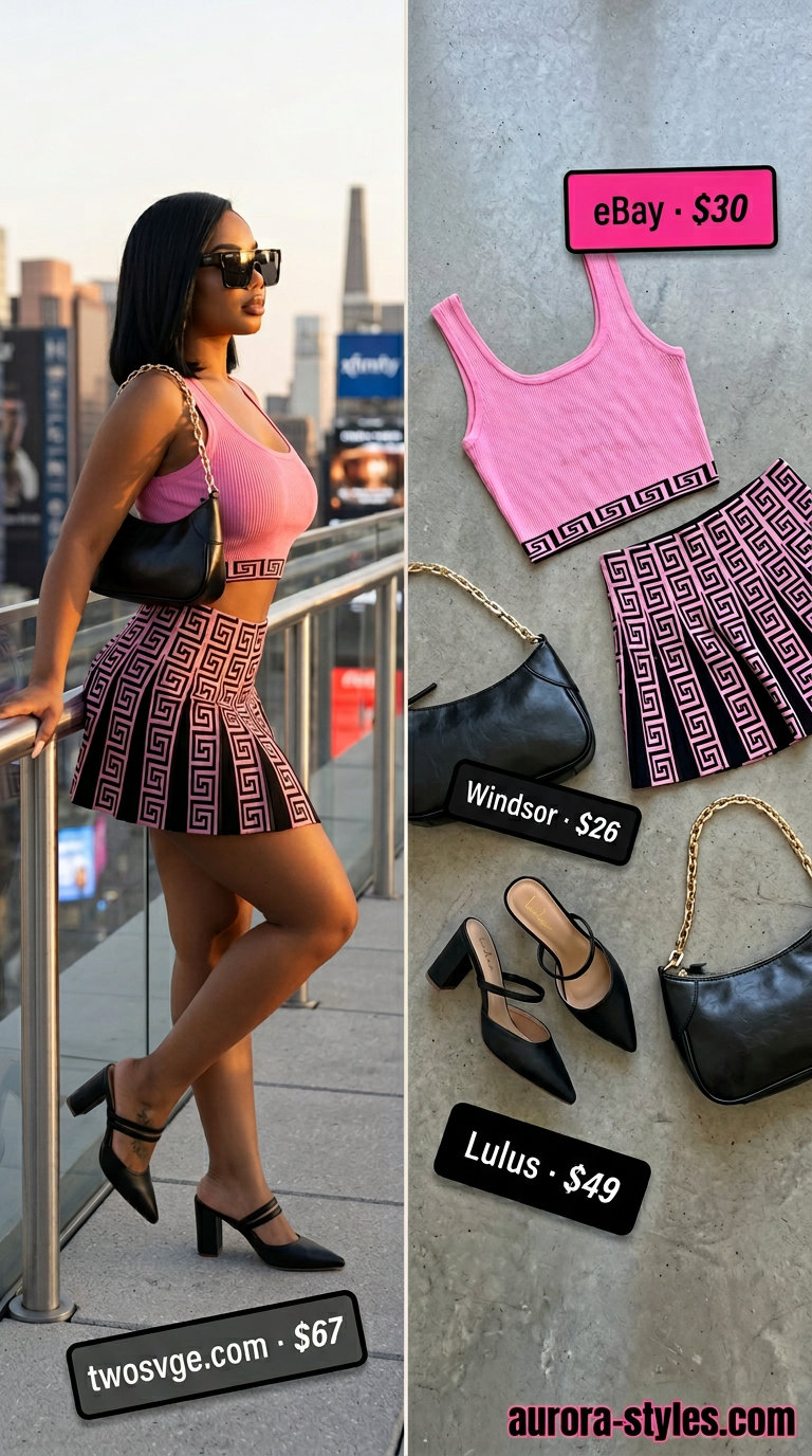 Hot pink abstract print set for hourglass shape women. Party summer outfits 2026. Trendy style.