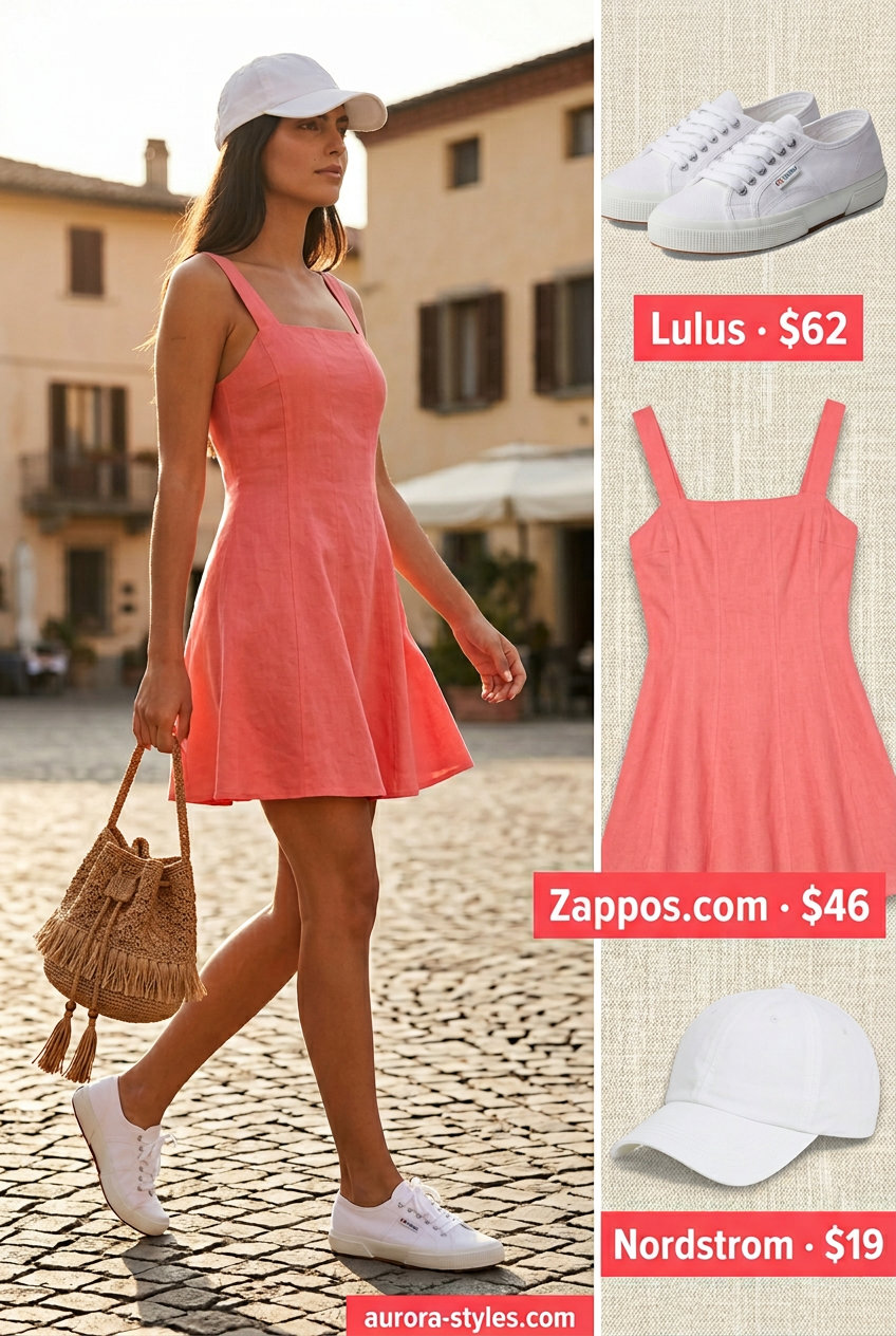Coral pink mini sundress for women with hourglass shape, styled with white sneakers and a straw bucket bag.