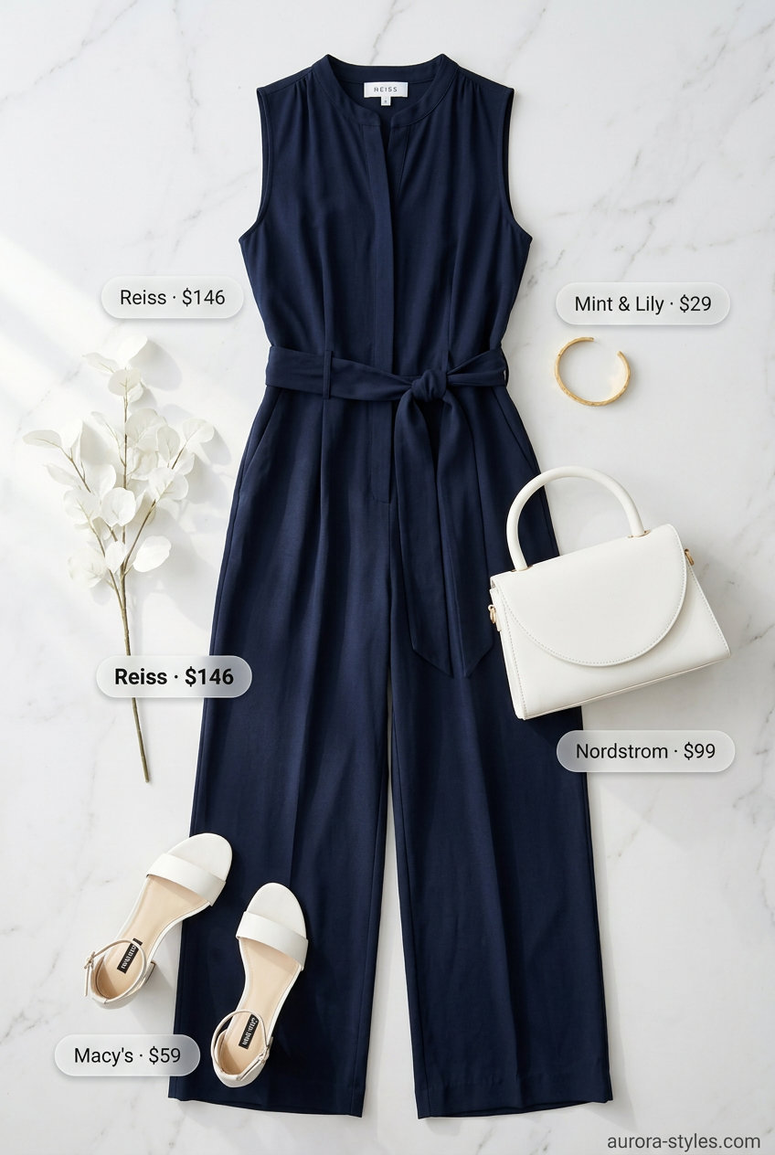 Navy wide-leg jumpsuit for hourglass shape women. Smart casual summer outfits 2026. Travel style.