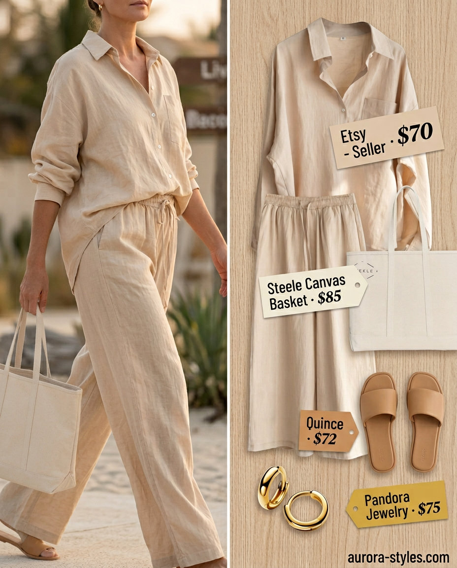 Natural beige linen set for hourglass shape women. Travel summer outfits 2026. Comfortable chic.
