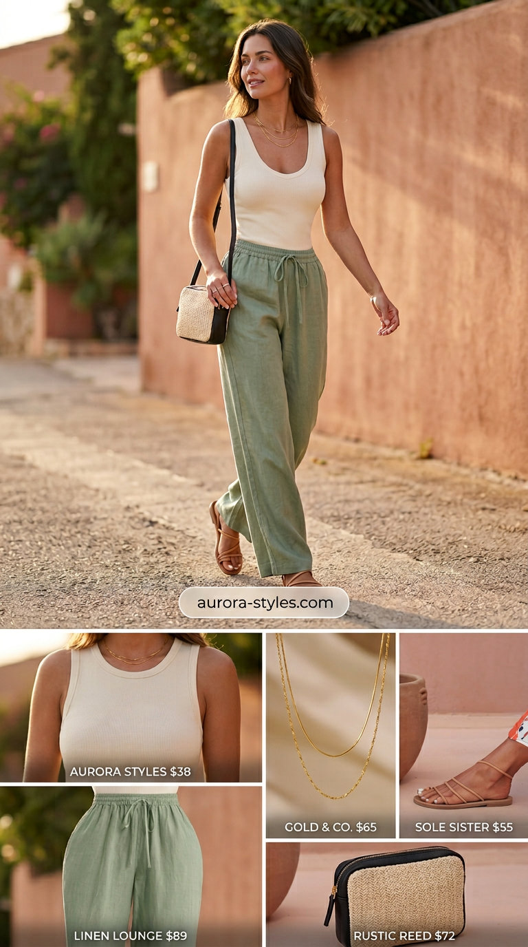 Sage green linen pants for hourglass shape women. Chic summer outfits 2026. Evening out style.