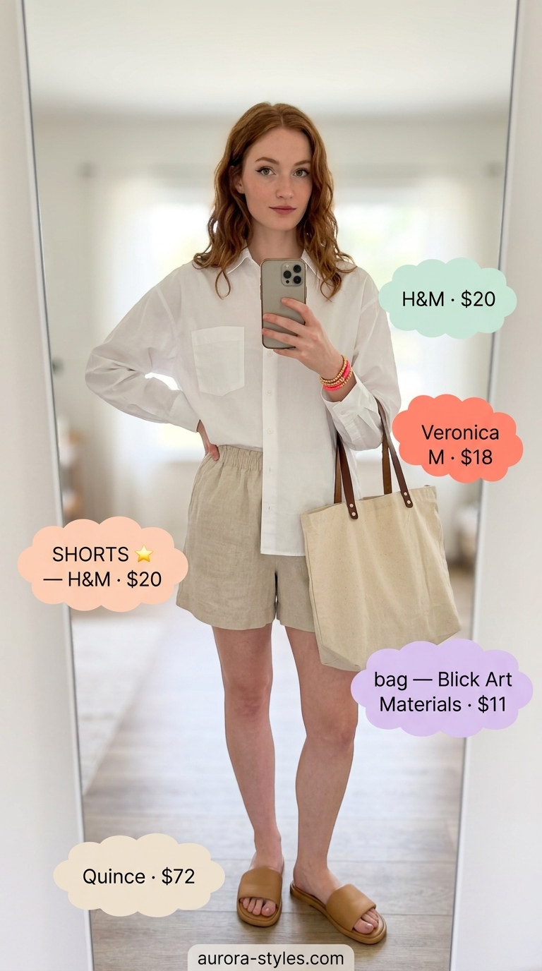 Beige linen shorts and white oversized shirt for women with hourglass shape, ideal for casual errands.