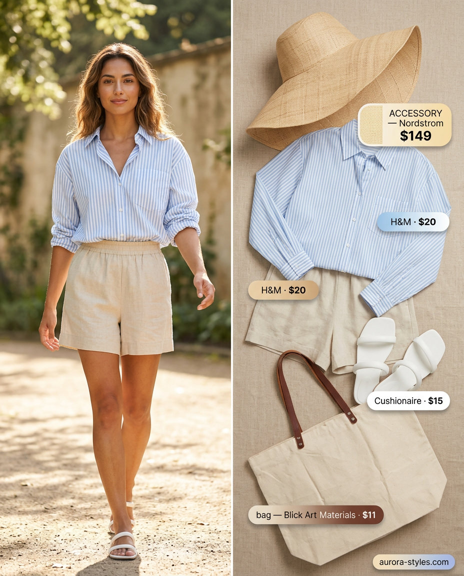 Beige linen shorts and striped shirt for women with hourglass shape, ideal for beach days or casual outings.
