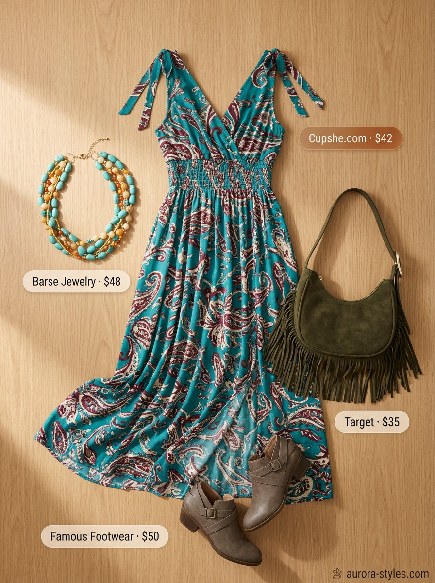 Teal and burgundy maxi dress for hourglass shape women. Festival summer outfits 2026. Bohemian style.