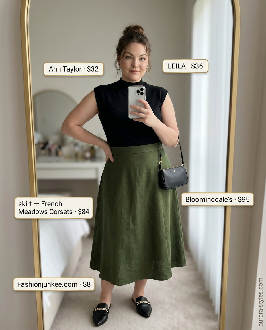 Olive green midi skirt for hourglass shape women. Office casual summer outfits 2026. Elegant style.