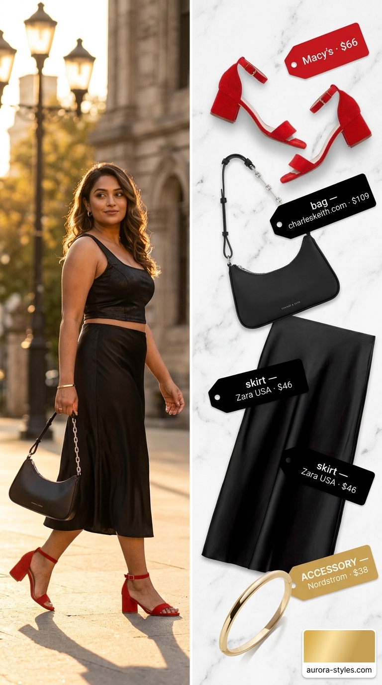 Black midi skirt and white crop top for women with hourglass shape, perfect for summer evenings or brunch.