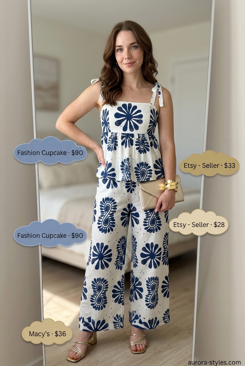 Navy and white print co-ord set for women with hourglass shape, ideal for summer parties or dinners.