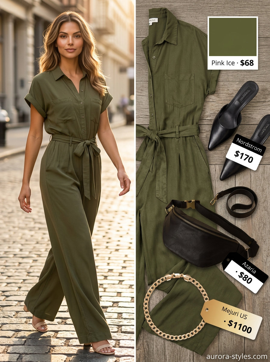 Olive green wide-leg jumpsuit for women with hourglass shape, styled with black mules and gold accessories for summer.