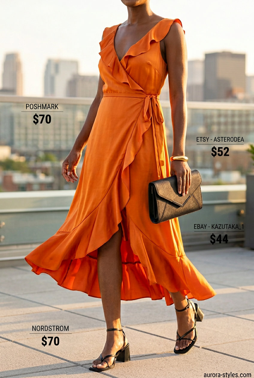 Mango orange wrap dress for women with hourglass shape, styled for a summer evening event with black heels.