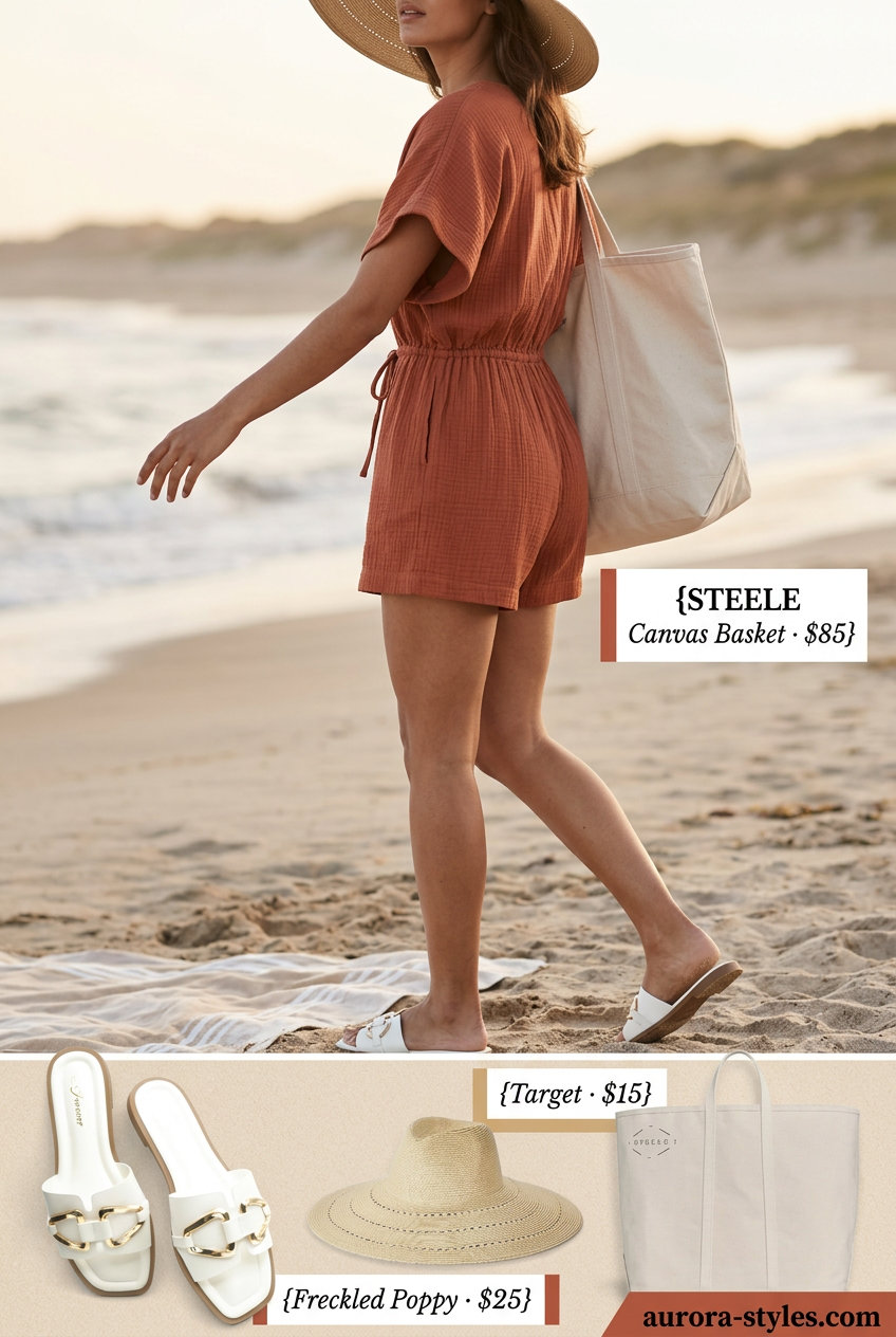 Terracotta linen romper for hourglass shape women. Casual beach summer outfits 2026. Relaxed style.