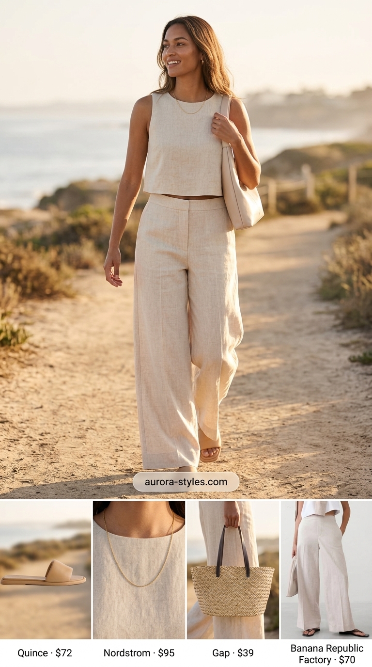 Cream linen set with wide-leg pants and oversized shirt, perfect for summer outfits for women with brunette hair 2026.