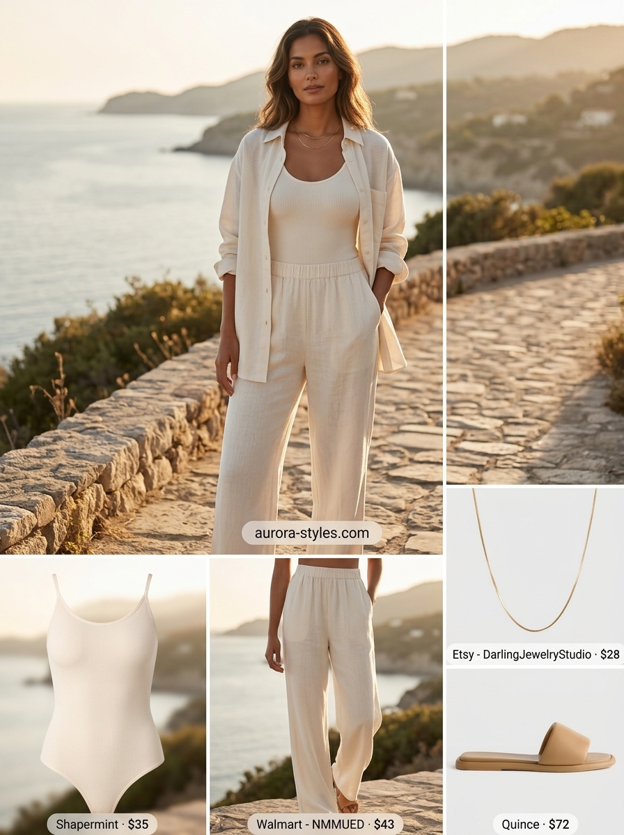 Minimalist Summer Outfits For Women 2026: Linen Set Cream linen set with leather sandals & bucket bag for minimalist summer outfits for women 2026.