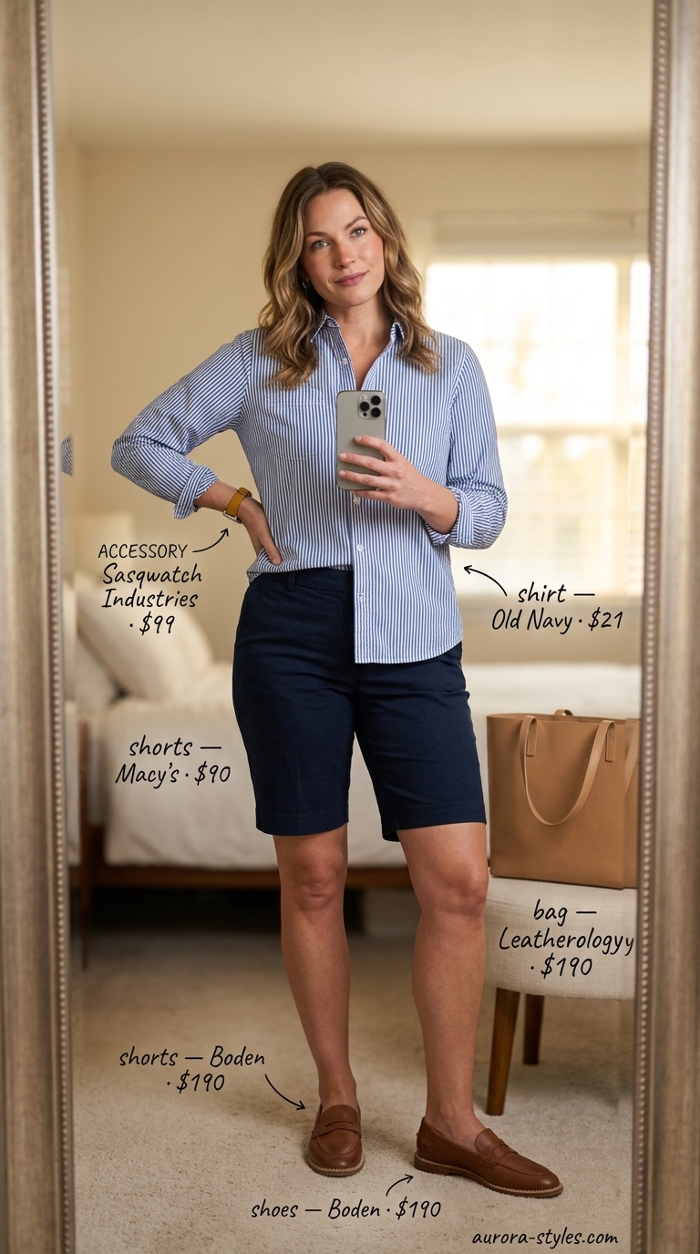 Summer outfits for women with Pear Shape 2026: Bermuda shorts & linen shirt for smart casual.