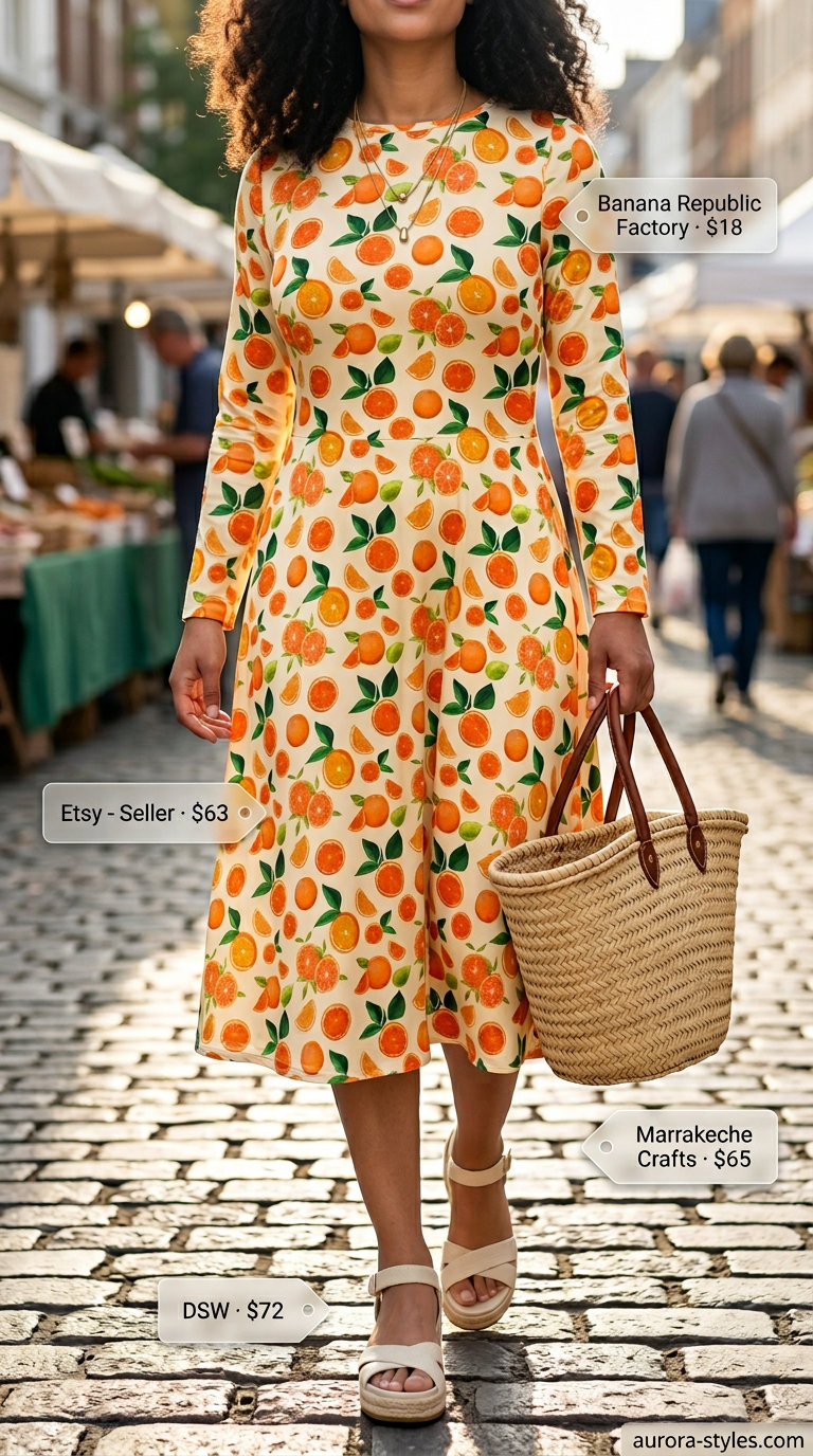 Joyful citrus print midi dress for summer outfits for women with pear shape 2026. Orange & yellow print, espadrille wedges, straw tote.