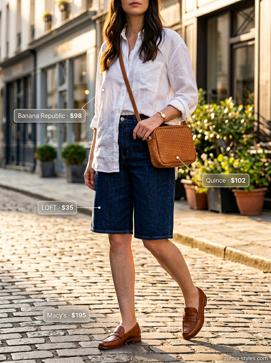 Smart casual denim shorts outfit for summer outfits for women with pear shape 2026. Dark wash Bermuda shorts, oversized linen shirt, loafers.