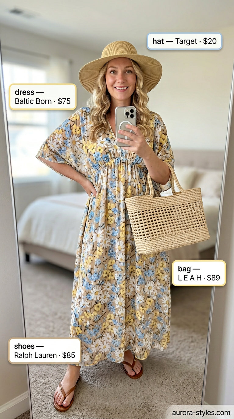 Summer outfits for women with Pear Shape 2026: Boho floral maxi caftan, tan sandals, straw hat for beachy vibes.