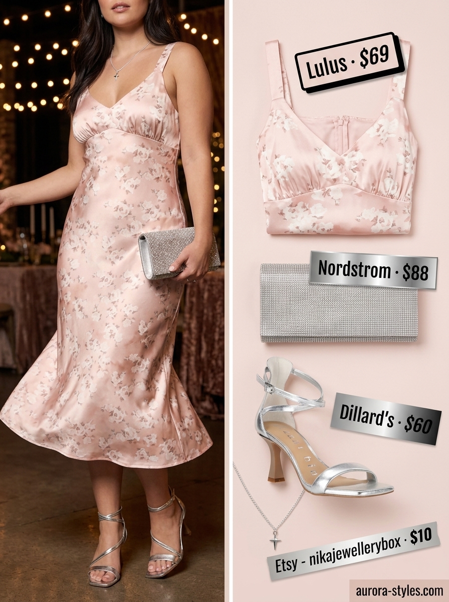 Romantic floral slip dress for summer outfits for women with pear shape 2026. Blush pink midi dress with ivory floral print, silver sandals.