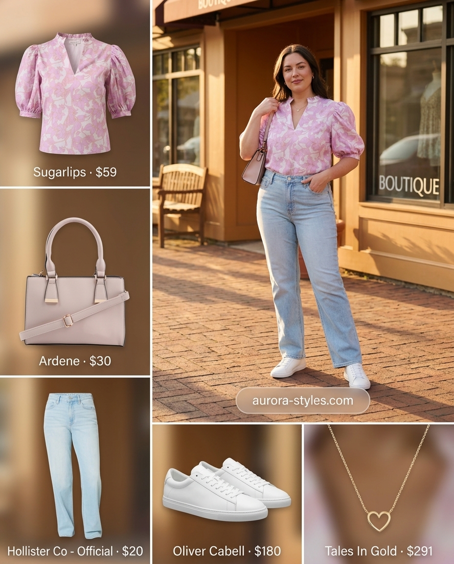 Summer outfits for women with Pear Shape 2026: High-waist jeans & floral blouse for casual weekend.