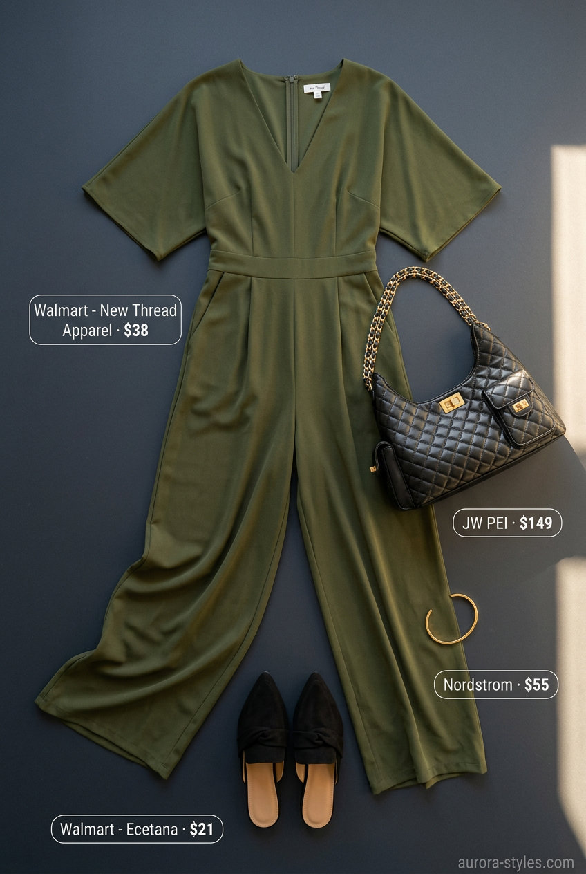 Summer outfits for women with Pear Shape 2026: Olive green wide-leg jumpsuit, black flats, gold bracelet for a chic evening.