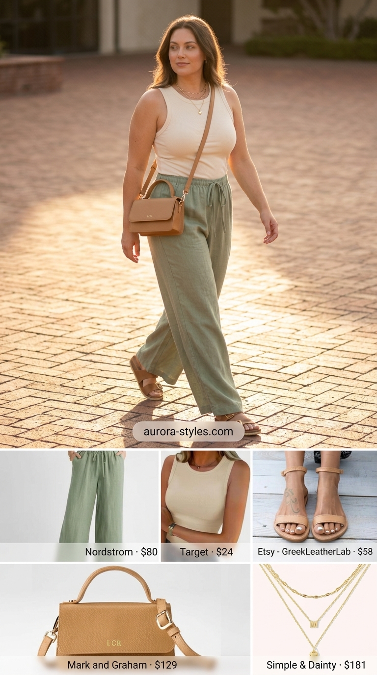 Relaxed linen pants outfit for summer outfits for women with pear shape 2026. Sage green linen pants, cream tank, flat sandals.