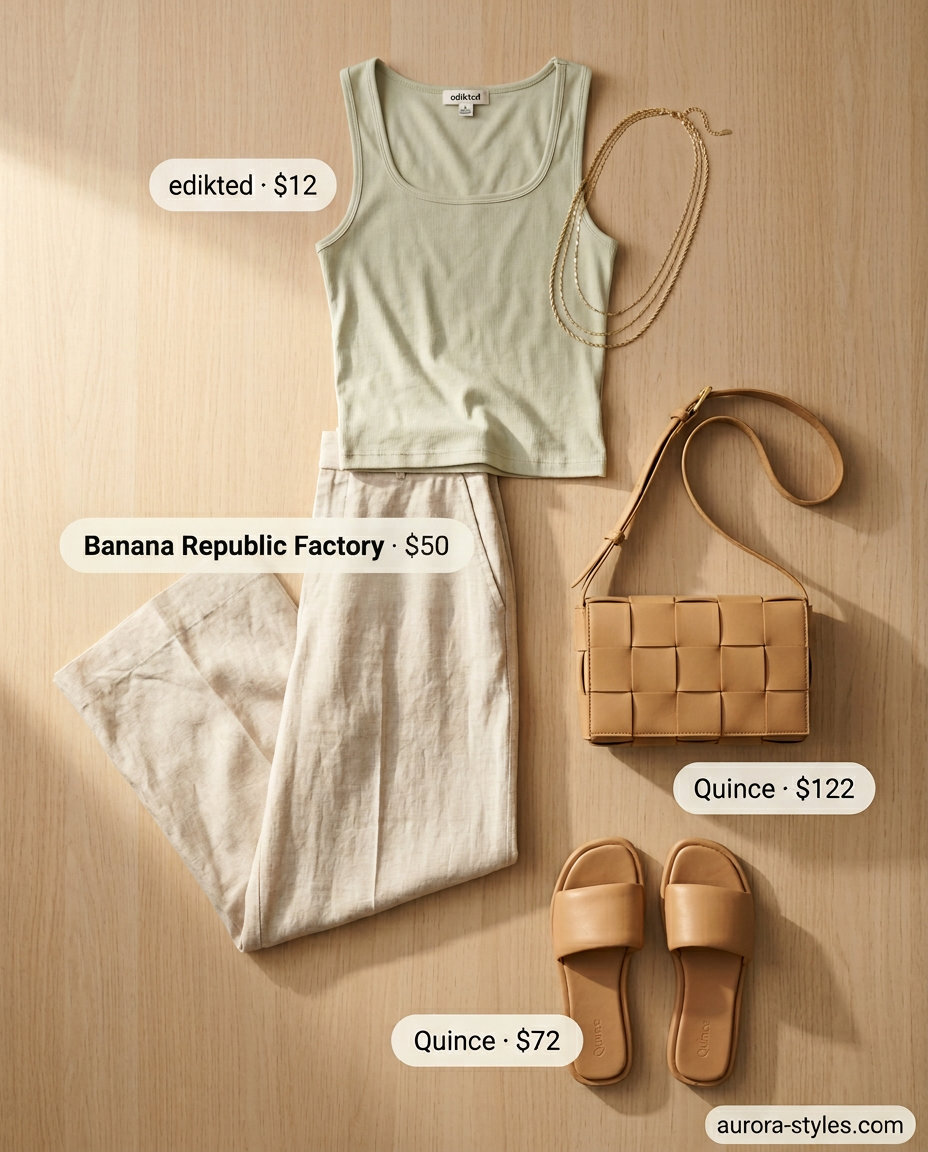 Summer outfits for women with Pear Shape 2026: Linen pants & tank for coastal vibes.