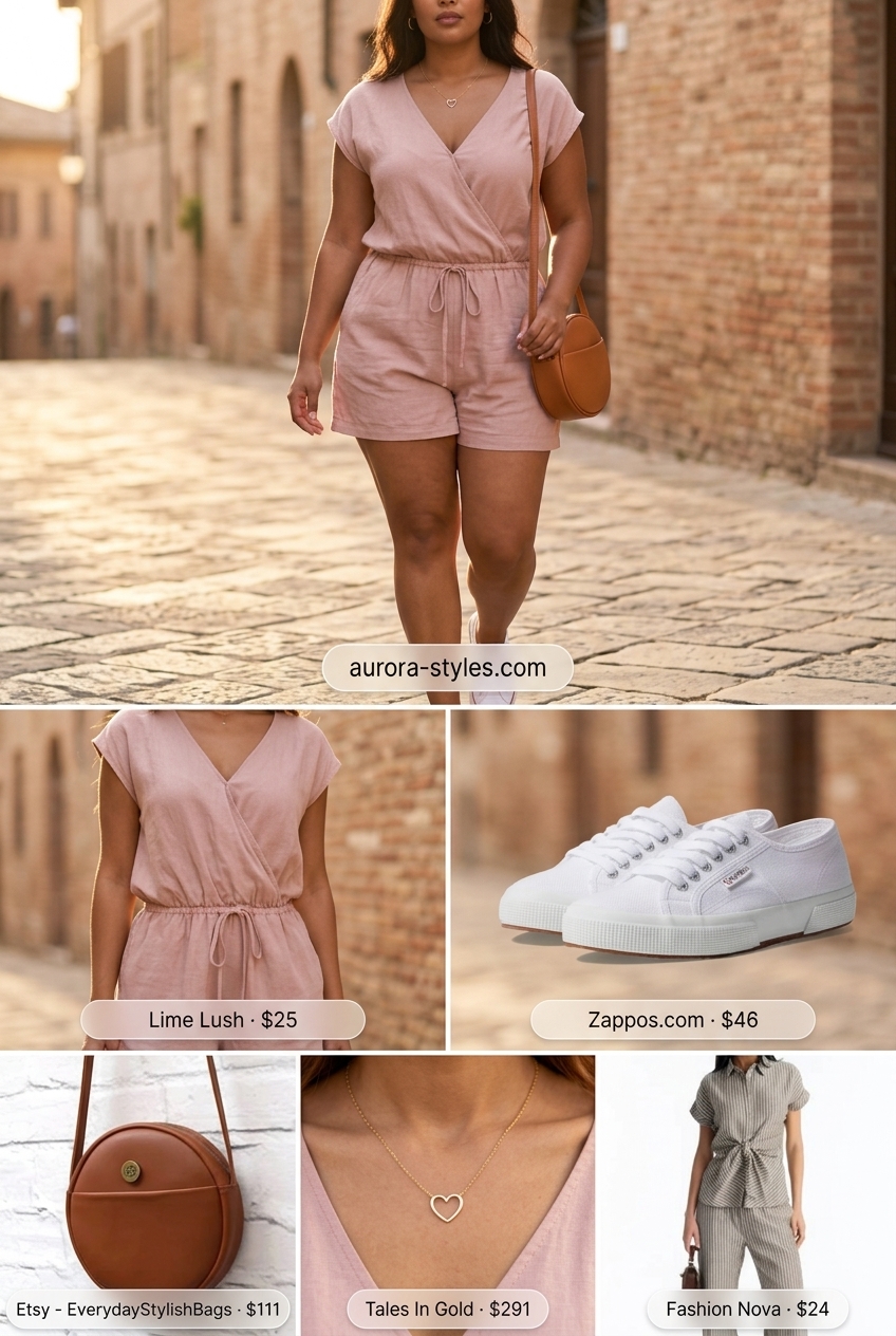 Summer outfits for women with Pear Shape 2026: Blush pink linen romper, white sneakers, tan crossbody for a sweet casual look.