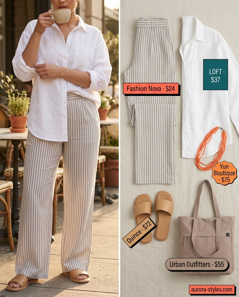 Summer outfits for women with Pear Shape 2026: Linen shorts, oversized shirt, coral necklace for a relaxed chic look.