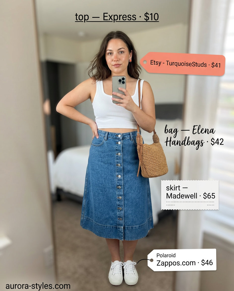 Summer outfits for women with Pear Shape 2026: Denim midi skirt & white crop top for brunch.