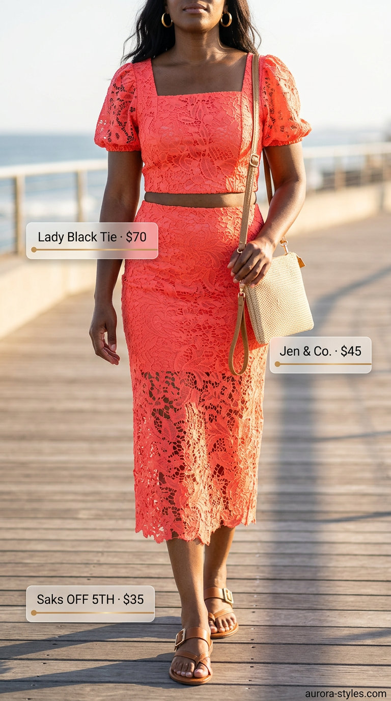 Chic midi skirt set for summer outfits for women with pear shape 2026. Coral tiered skirt set, flat sandals, woven crossbody.