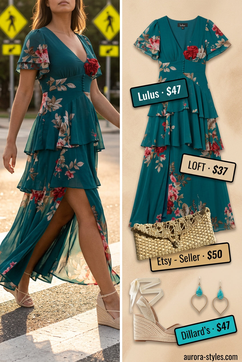 Elegant sunset maxi dress for summer outfits for women with pear shape 2026. Deep teal floral print, heeled espadrilles, straw clutch.