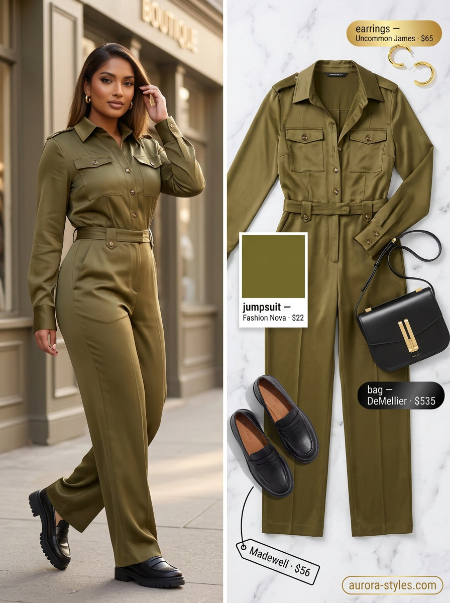 Summer outfits for women with Pear Shape 2026: Olive utility jumpsuit, black loafers, gold hoops for a chic casual look.