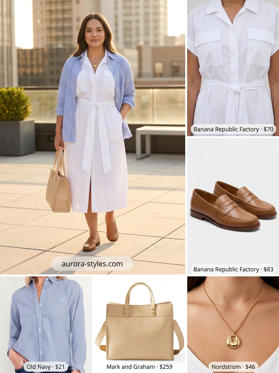 Summer outfits for women with Pear Shape 2026: White shirtdress with belt for casual work.