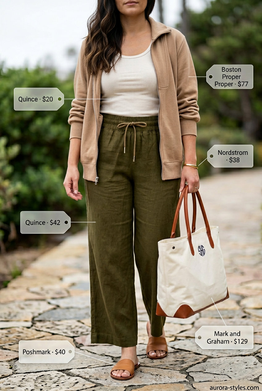 Relaxed wide-leg pants for summer outfits for women with pear shape 2026. Olive green linen pants, cream tank, slide sandals.