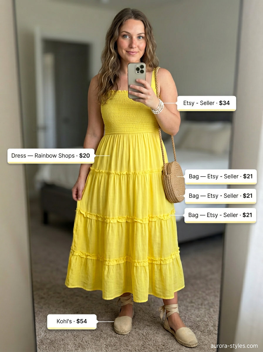 Summer outfits for women with Pear Shape 2026: Yellow tiered sundress for picnics.