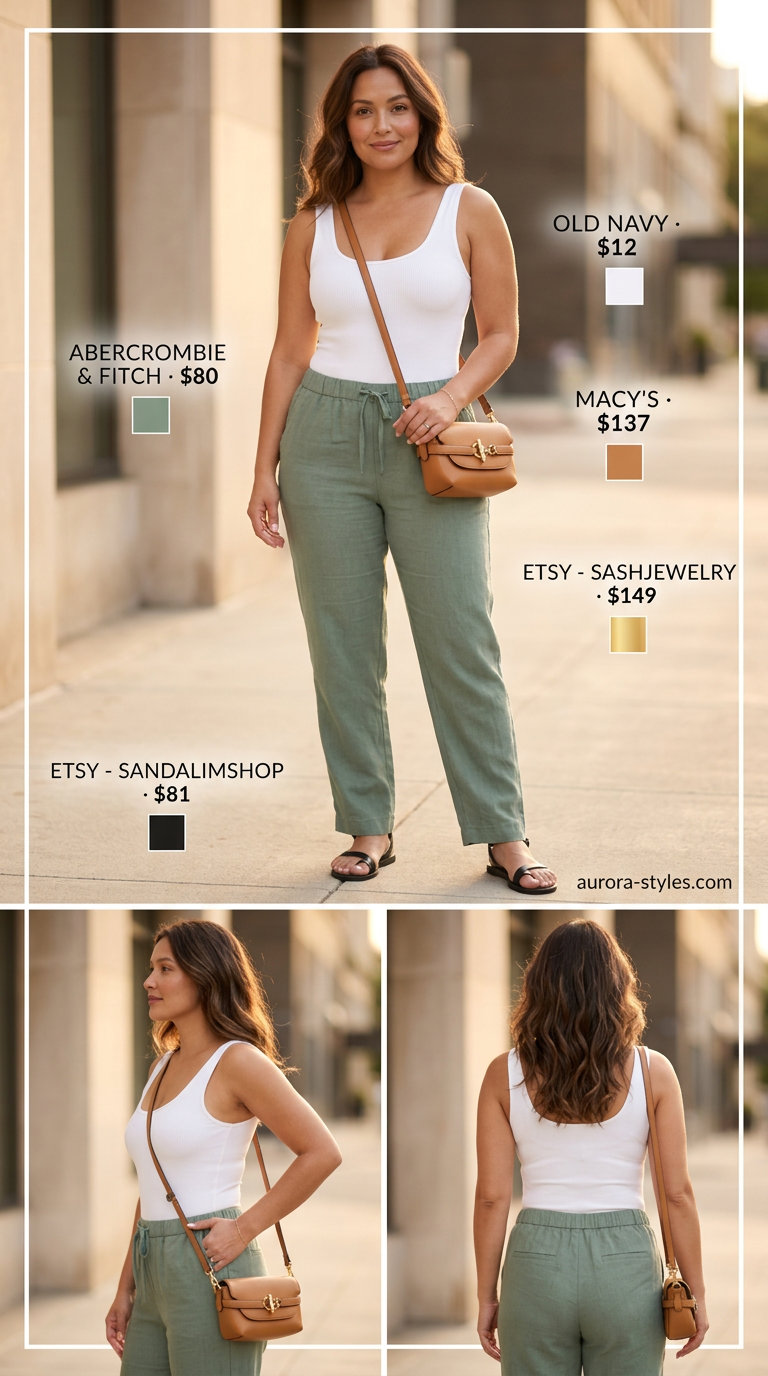 Sage green linen wide-leg pants with white bodysuit and tan sandals for summer outfits for women with brunette hair 2026.