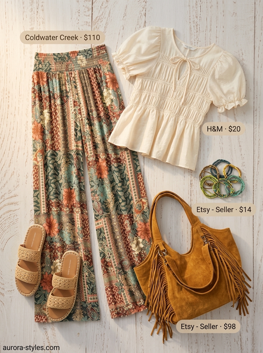 Boho chic terracotta palazzo pants for women 2026, styled with a cream peasant blouse and espadrilles.