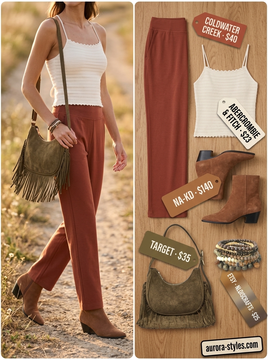 Boho floral midi skirt outfit for women 2026, styled with a crochet top and suede boots.