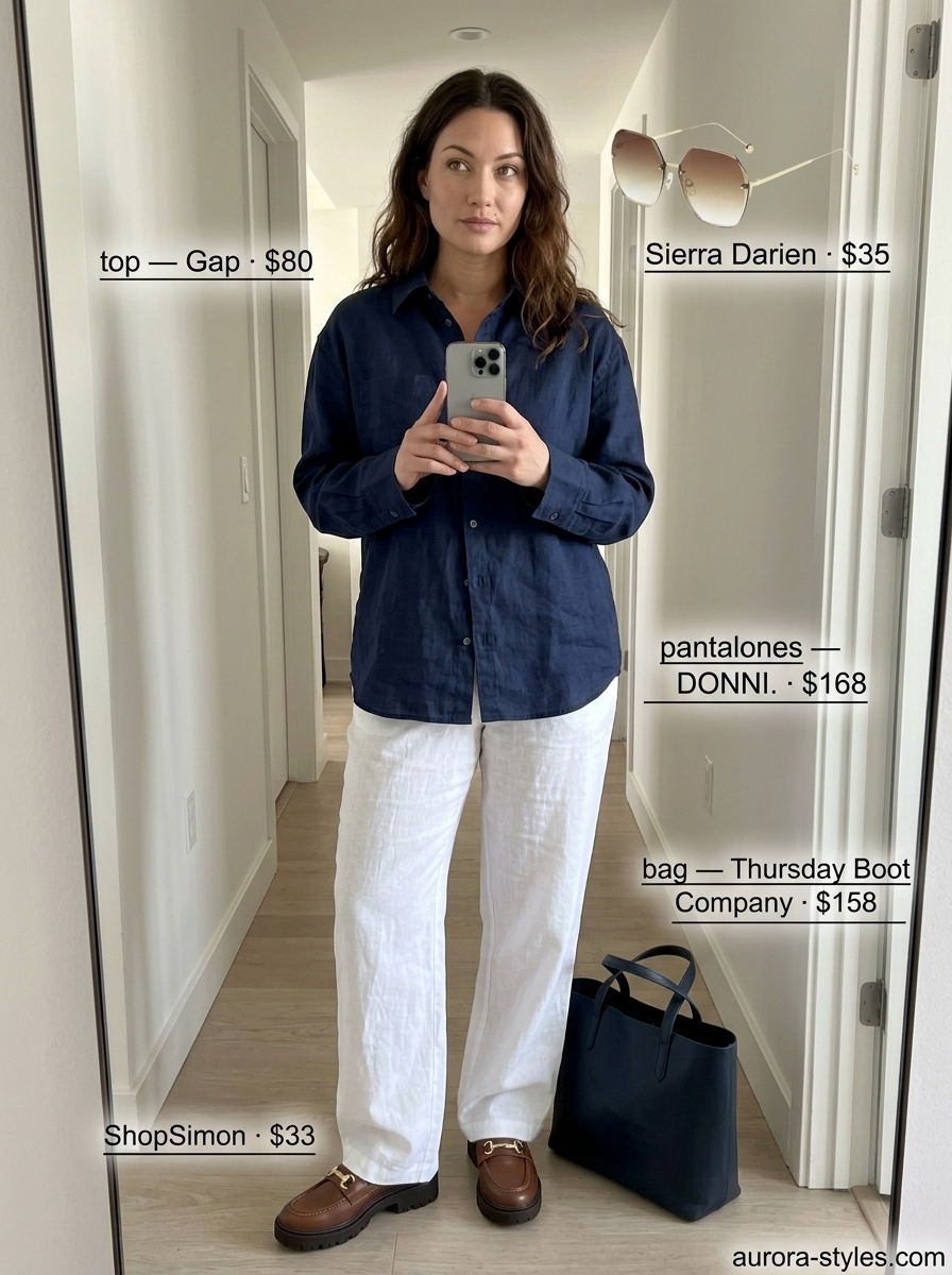 Chic white button-down & navy linen pants for women 2026. Perfect for city sightseeing or lunch dates.