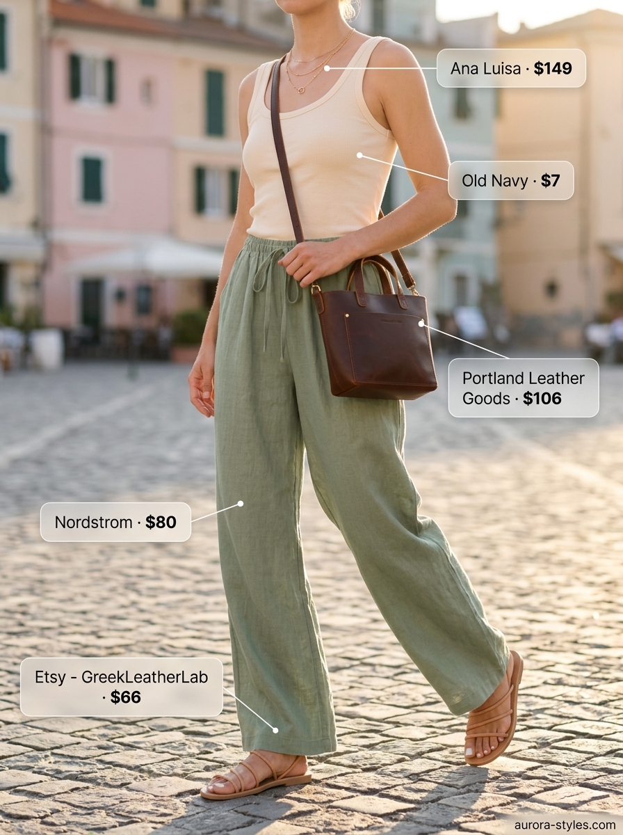 Effortless chic outfit with sage green wide-leg linen summer pants for women 2026, cream tank, and leather sandals.