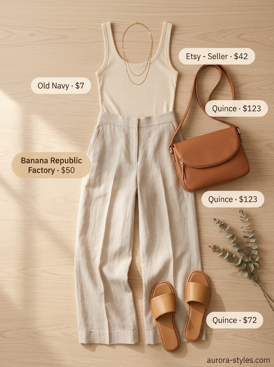 Coastal breeze beige linen pants for women 2026, styled with a cream tank and leather slides.