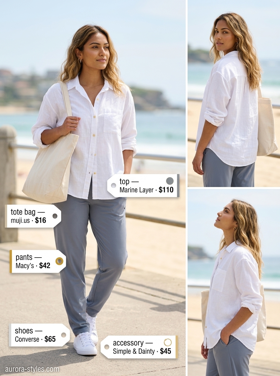 Relaxed denim shorts look for women 2026, styled with an oversized linen shirt.