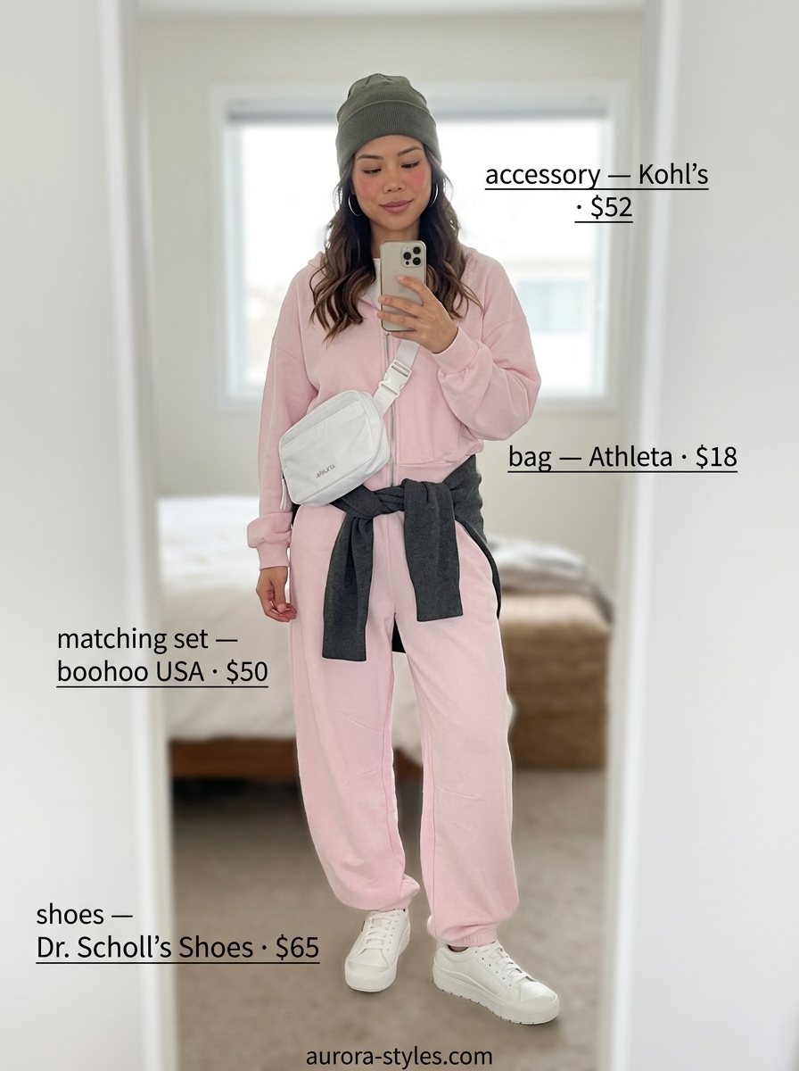 Elevated athleisure set with blush pink jogger pants for women 2026. Comfortable and stylish.