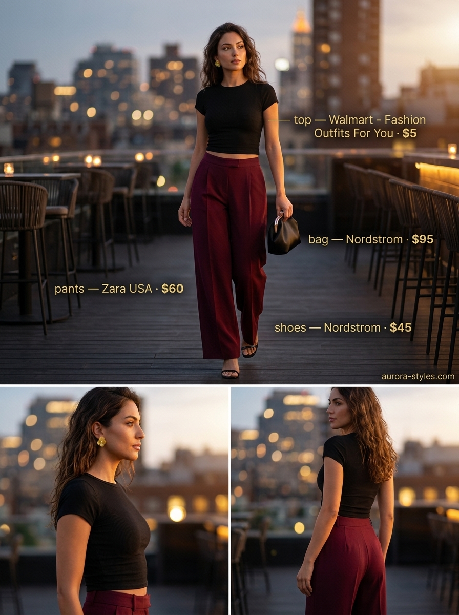 Flowy burgundy wide-leg pants & crop top for women 2026. Ideal for date night or dinner.
