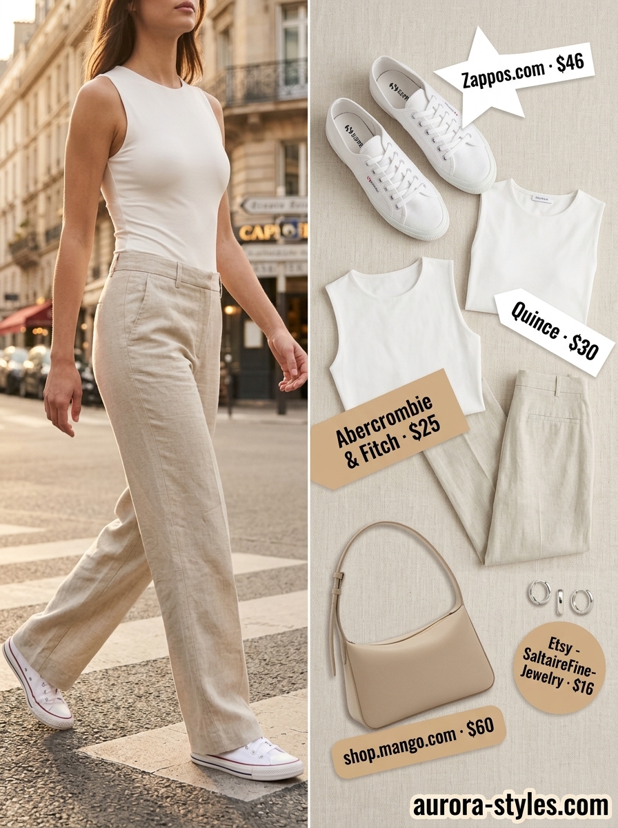 Minimalist beige linen pants for women 2026, paired with a white bodysuit and sneakers for casual errands.