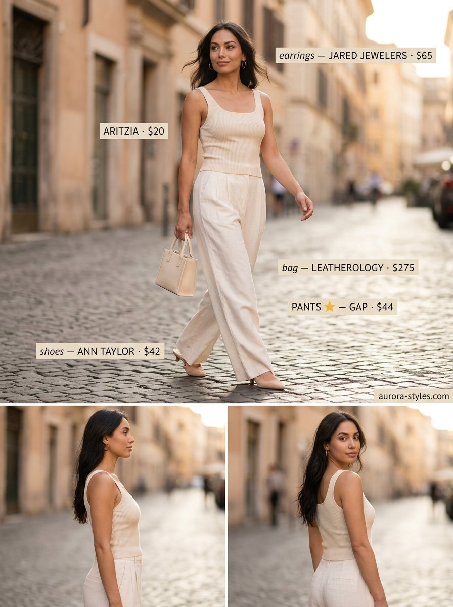 Monochrome cream linen pants for women 2026. Minimalist elegance for smart casual summer evenings.