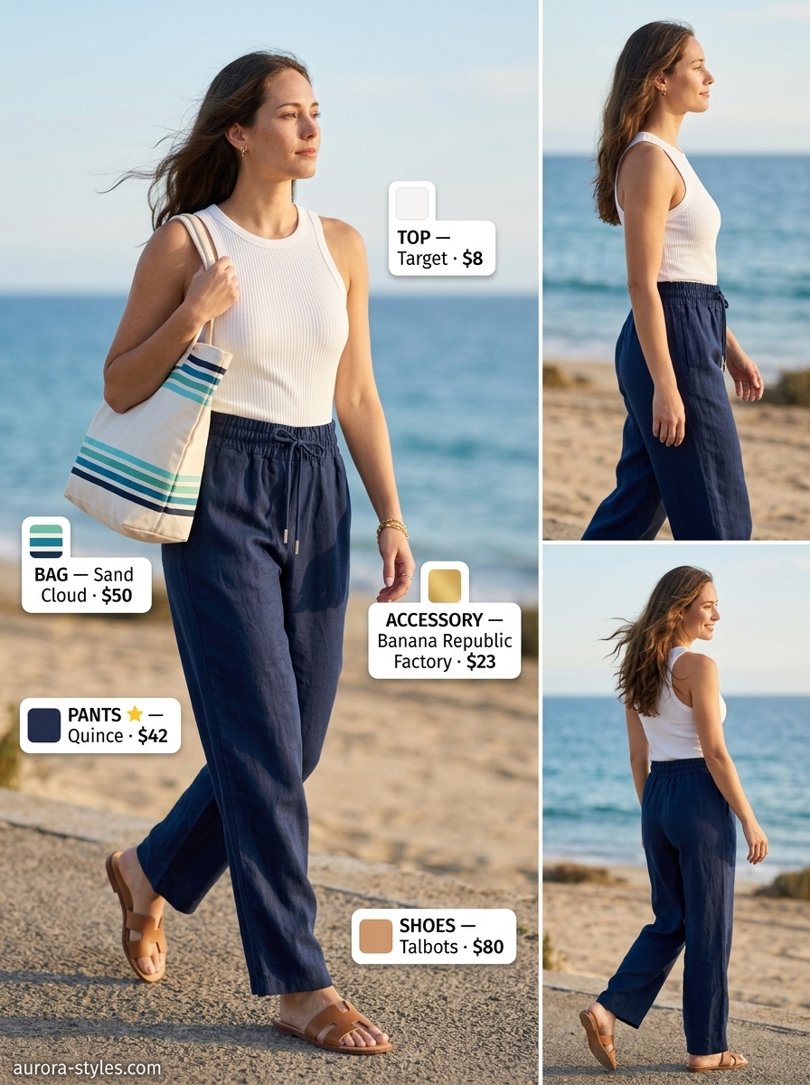 Playful feminine outfit with floral print summer pants for women 2026, ribbed tank top, and tan leather slides.